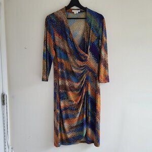 Slinky Faux Wrap Dress L Colorful Side Ruching Jersey Stretchy Blue Brown